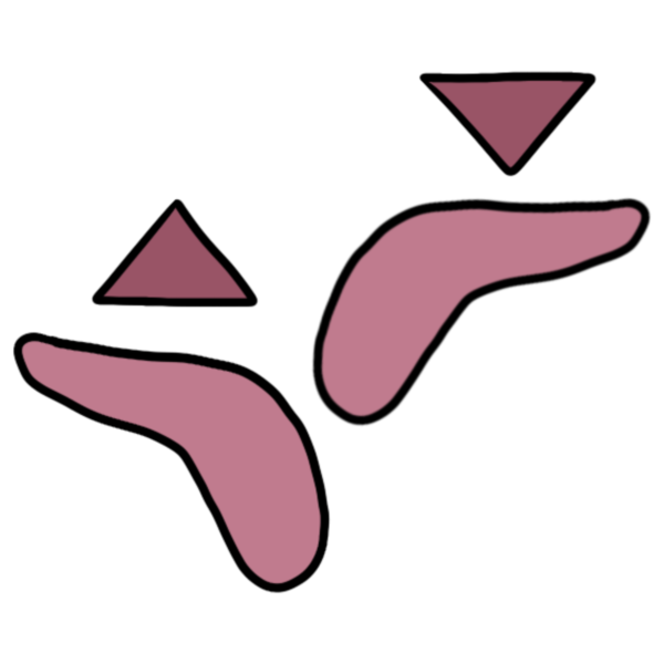 two pink side view of hand shapes, one higher up with a down pointing darker pink triangle above it and one lower down with an up pointing triangle above it.